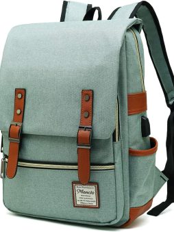 Mancio Vintage Laptop Backpack with USB Charging Port, Slim Tear Resistant Business Backpack for Travelling, College, Casual Daypacks for Men,Women, Fits up to 15.6Inch Notebook, Green